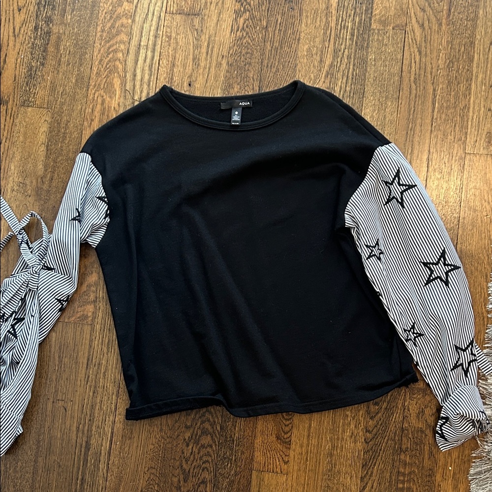 Aqua Black Top with Striped Star Sleeves